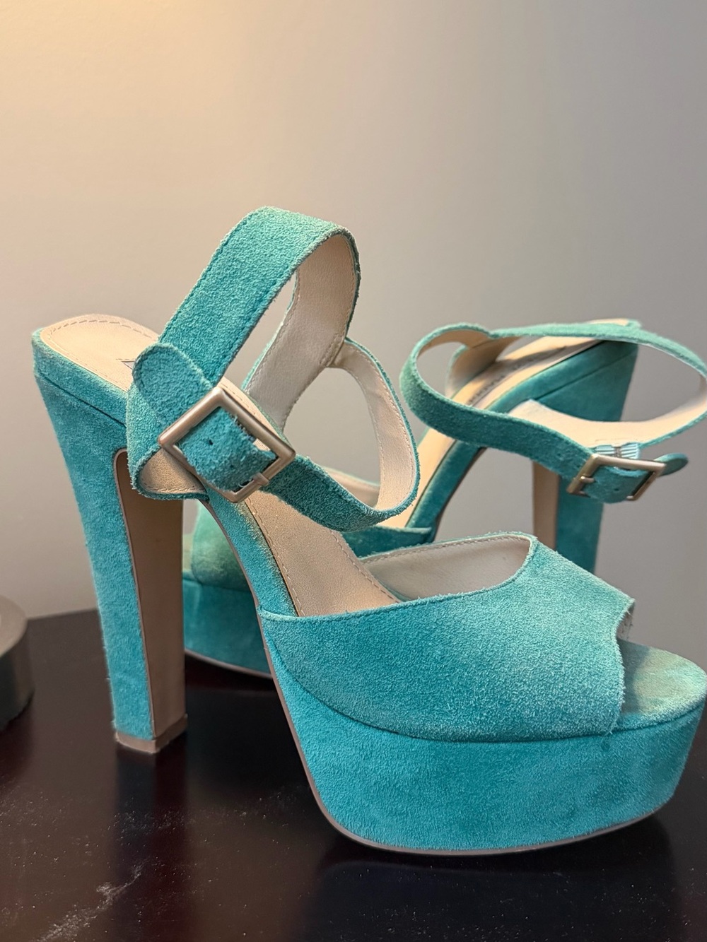 Turquoise Suede Platform Heels with Ankle Strap